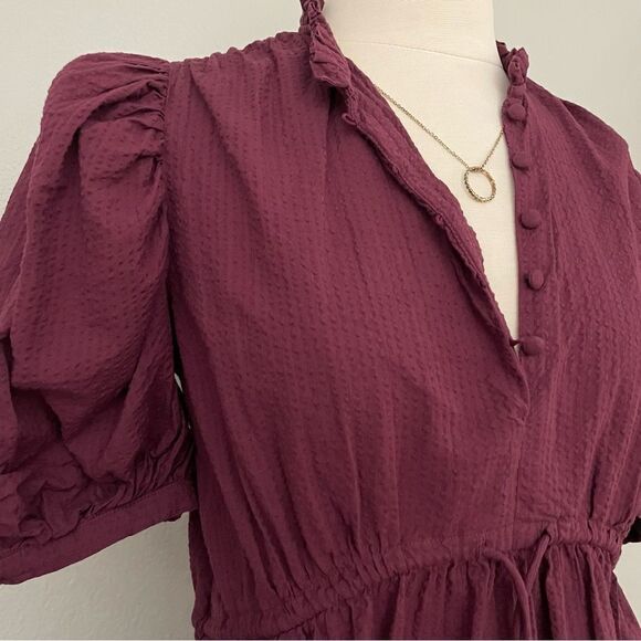 Burgundy Structured Puff Sleeve Mini Dress - Picture 4 of 5